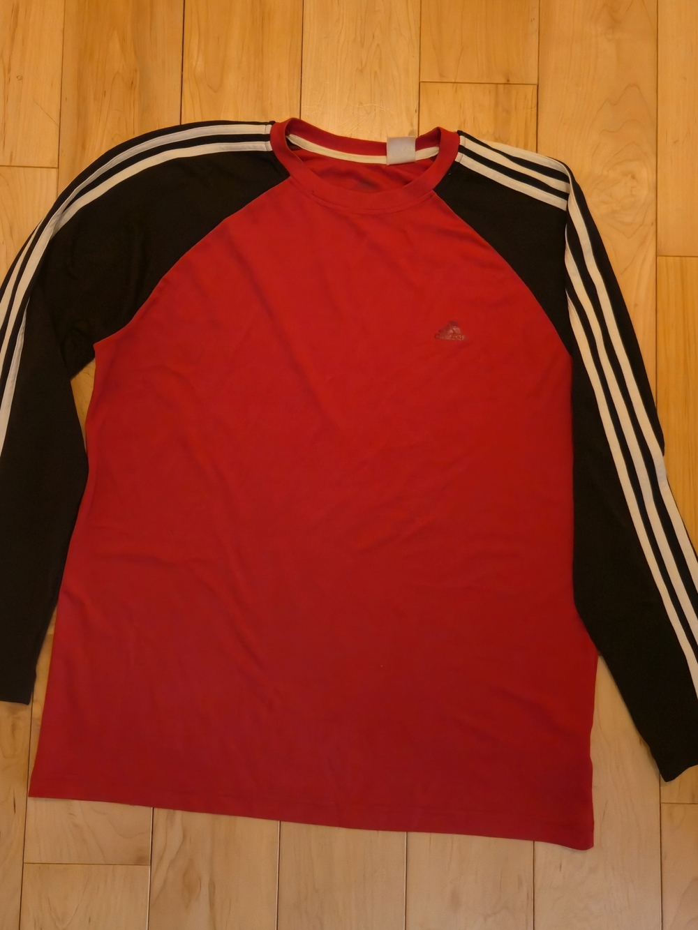 adidas Red Long-Sleeve Raglan Tee with Black Sleeves and White Stripes